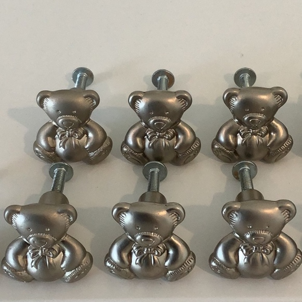 Set of SIX Silver toned metal Teddy Bear Drawer Knobs dresser handles nursery
